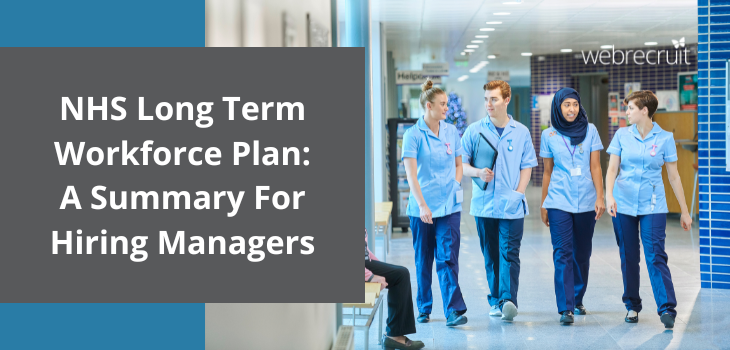 Header for blog about the NHS-Long-Term-Workforce-Plan. Showing four healthcare staff members walking down the hall of a hospital.